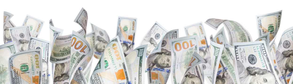 Transparent PNG of Several Fallen $100 Bills At Base of Image.