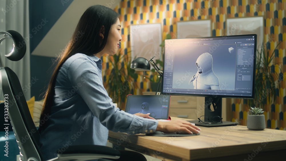 Poster asian female 3d designer creating and drawing character for video game using computer and tablet whi