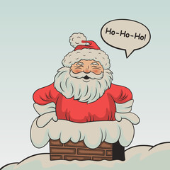 Smiling Santa Claus in a Chimney in Retro Cartoon Comic Style. Merry Christmas and Happy New Year Holiday Greeting Card with Happy Laughing Santa