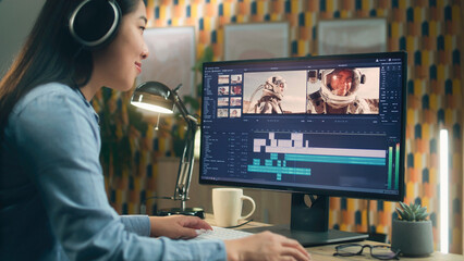 Asian woman in headphones working remotely on pc from home office and editing video with astronauts...