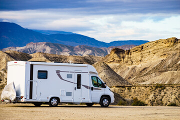 Camper vehiclein Tabernas desert, Spain