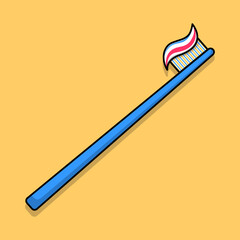Cartoon flat illustration of a blue toothbrush and toothpaste on it. Vector illustration