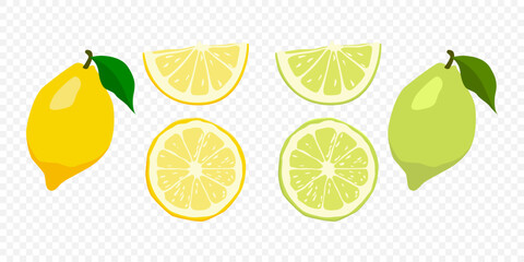 Vector Citrus Fruit Icon Set - Yellow Lemon and Green Lime. Whole and Slice Design Element Isolated on White Background