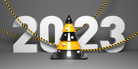 Creative 2023 New Year design template with a Christmas tree shaped road cone. 3D render illustration on a road construction theme.
