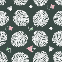 Tropical forest monstera leaves vector seamless pattern