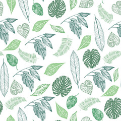 Tropical forest palm leaves vector seamless pattern