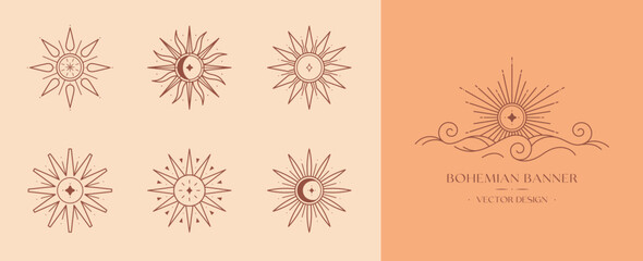 Bundle of vector bohemian logo design templates with sun,moon and sunburst and sky.Boho linear icons or symbols in trendy minimalist style.Modern celestial emblems.Branding design templates.