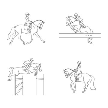 Set of line images for coloring book about equestrian sports, show jumping and dressage