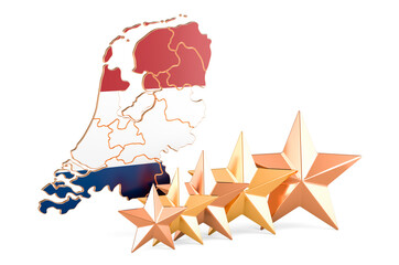 The Netherlands map with five stars. Rating, quality, service in the Netherlands. 3D rendering