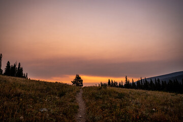 Sunrise Hangs In Thick Clouds Over Trail