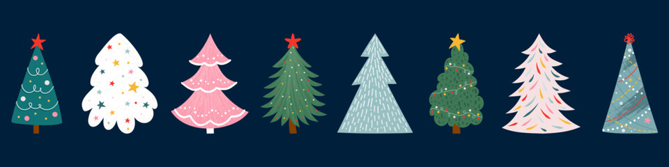 Christmas tees collection. Vector illustration with elements for greeting cards, banners, wrapping. Hand drawn Christmas tree set.