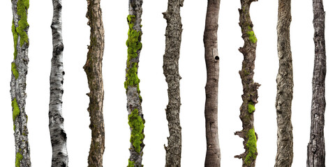 tree trunks, stems overgrown with lichen and moss isolated on white background © dottedyeti