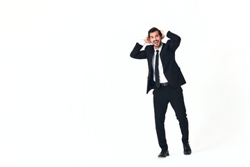 Man business smile with teeth in costume running and jumping up open mouth happiness and surprise full-length on white isolated background copy place 