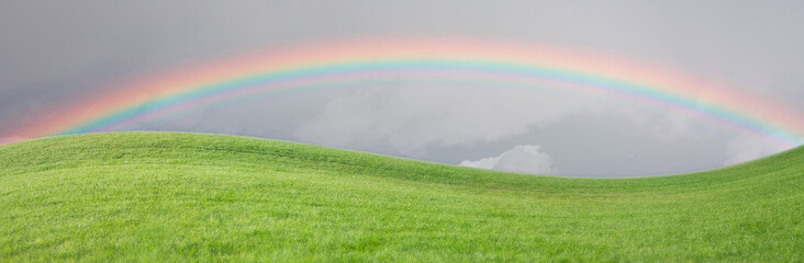 Naklejka premium Grass Field with Rainbow in the Sky.
