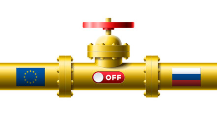 Gas yellow pipeline with red slider turn off and flags European union and Russia vector illustration. Concept shutting off the gas supply import from Russia