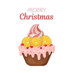 Merry Christmas. Christmas cupcake with cream, berries, orange and decorations. Suitable for greeting cards, posters, stickers