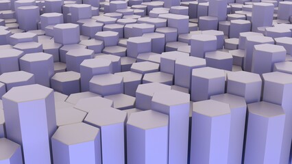 Abstract background with waves made of white futuristic honeycomb mosaic geometry primitive forms that goes up and down under blue back-lighting. 3D illustration. 3D CG. High resolution.