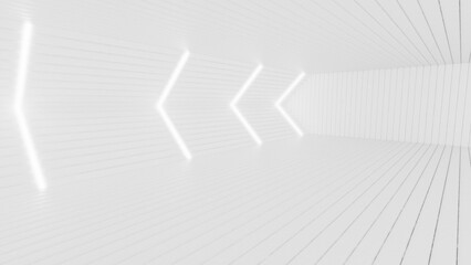 White neon laser led lights on Sci-Fi futuristic modern spaceship in dark tunnel. White corridor hangar garage metal glossy with showroom empty stage. Concept 3D CG of fantastic world.