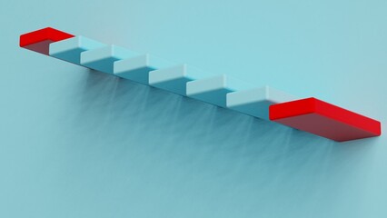 Blue stairs leading to red top step under sky blue background. Concept 3D CG of success process, cramming for exams and road to wealth.