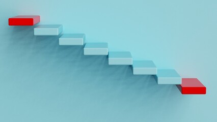 Blue stairs leading to red top step under sky blue background. Concept 3D CG of success process, cramming for exams and road to wealth.