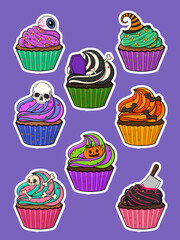 Creative concept holiday food illustration stickers halloween cupcakes.