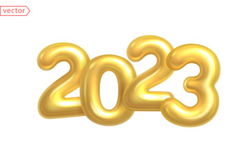 2023 Happy New Year. Golden number 2023. Holiday Season Celebration Party 2023. Christmas Decoration. Gold Foil Balloons isolated on white background. Realistic 3d design element. 3D Vector