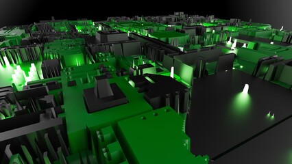 Black-green futuristic circuit technology with green LED point light. Concept 3D CG of hi-tech digital data connection system, computer electronic design and Sci-Fi Landscape.