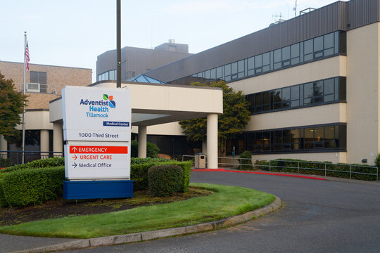 Tillamook, OR, USA - September 21, 2022; Adventist Health Medical Center in Tillamook Oregon building and sign