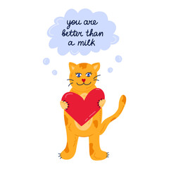 Cute cat with heart and speech bubble with quote lettering. Kitty thinking about you. Concept of love, romance. For Valentine's day card, stickers, social media, scrapbook. Hand drawn vector clipart,