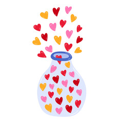 Cute glass jar with colored hearts flying out. Hand drawn vector clipart isolated on background. Concept of love, romance. For Valentine's day card, invitations, greeting, sticker, media, scrapbook.