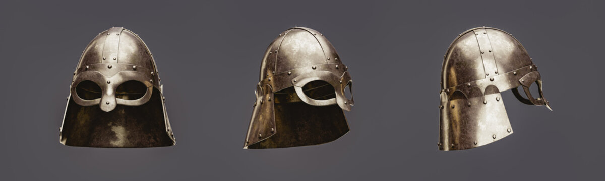 Three warrior helmets from 3 view angles, Old brass metal helm, 3d rendering