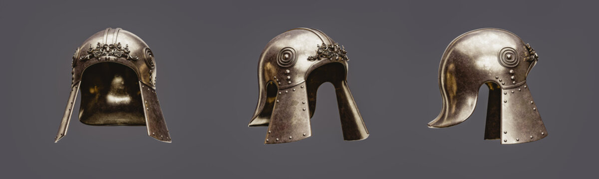 Three warrior helmets from 3 view angles, Old brass metal helm, 3d rendering