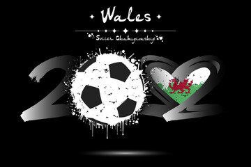 2022, soccer ball. Heart with flag of Wales