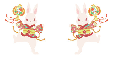 打ち出の小槌を持つ2匹の和風なうさぎ イラスト ベクター素材