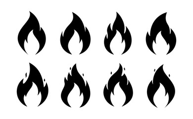 Fire flame icons. Vector simple burning campfire silhouette symbols, hot chile sauce, bonfire shape. Set of fire logos