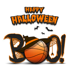Halloween. Boo. Basketball ball with witch hat