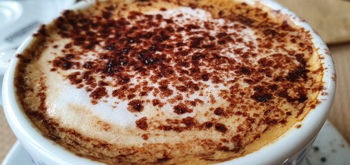 Aromatic coffee with foam and chocolate. Delicious cappuccino in a cup. Nice foamy coffee. Coffee...