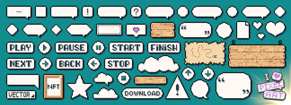 Pixel art frames. Retro game UI play buttons, speech bubbles messages and quote frames vector set