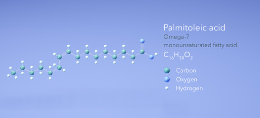 Palmitoleic acid, molecular structures, omega-7, 3d model, Structural Chemical Formula and Atoms with Color Coding