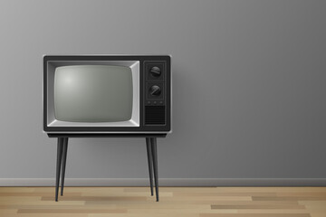 Vector 3d Realistic Retro TV Receiver on a Wooden Table Stand. Home Interior Design Concept. Vintage TV Set on the Wooden Floor. Television, Front View