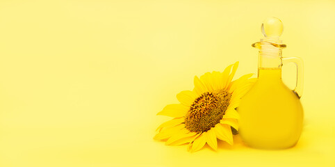 Sunflower oil in  glass bottle and sunflower
