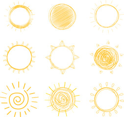 Sun hand drawn icon set isolated on white background. Collection of handdrawn sun vector for logo, circle line and icon design. Summer concept. Sunshine vector illustration. Sun sketch doodle