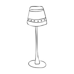 Floor lamp isolated on white background. Hand drawn clip art. Lighting fixture. Home interior decor. Outline ink sketch. Monochrome clip art. Childish style vector illustration