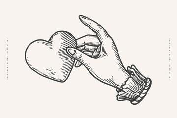 Hand holding a heart in engraving style. Vintage symbol of love on a light background. Vintage vector illustration for postcard, book or tattoo design. - 533242708