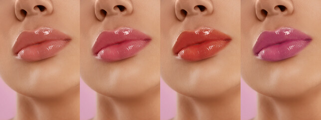 Collage with photos of young woman with different glossy lipsticks on pink background, closeup....