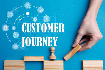 Customer journey concept. Woman building bridge with wooden blocks on light blue background, top view