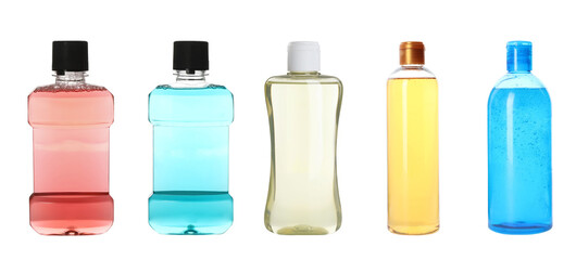 Set with different bottles of personal hygiene products on white background. Banner design