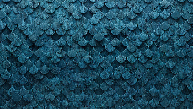 3D Tiles arranged to create a Fish Scale wall. Textured, Polished Background formed from Blue Patina blocks. 3D Render