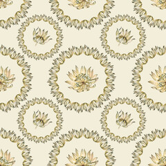 Seamless pattern watercolor boho dry flower on gray background. Hand-drawn green beige herbarium plant for wedding celebration card. Circle. Art for wallpaper wrapping sketchbook, decor interior