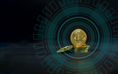 Bitcoin, Bitcoin crypto currency digital technology on circuit board, Dark background, Money global market exchange concept. Finance token online Systems.